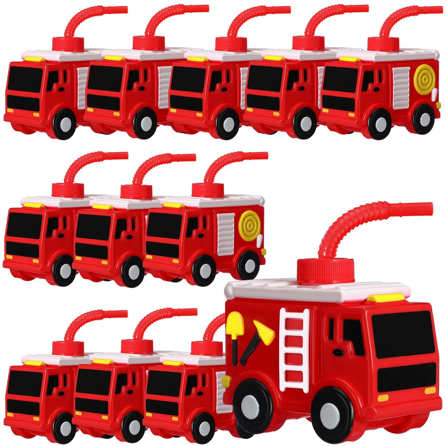 12 Sets Firefighter Party Favor Gift Supplies Fire Truck Cups with Straws, Plastic Fire Truck Shape Cup Reusable Firefighter Par