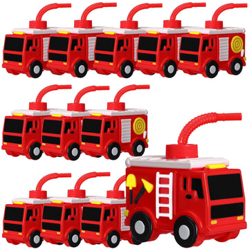 12 Sets Firefighter Party Favor Gift Supplies Fire Truck Cups with Straws, Plastic Fire Truck Shape Cup Reusable Firefighter Par