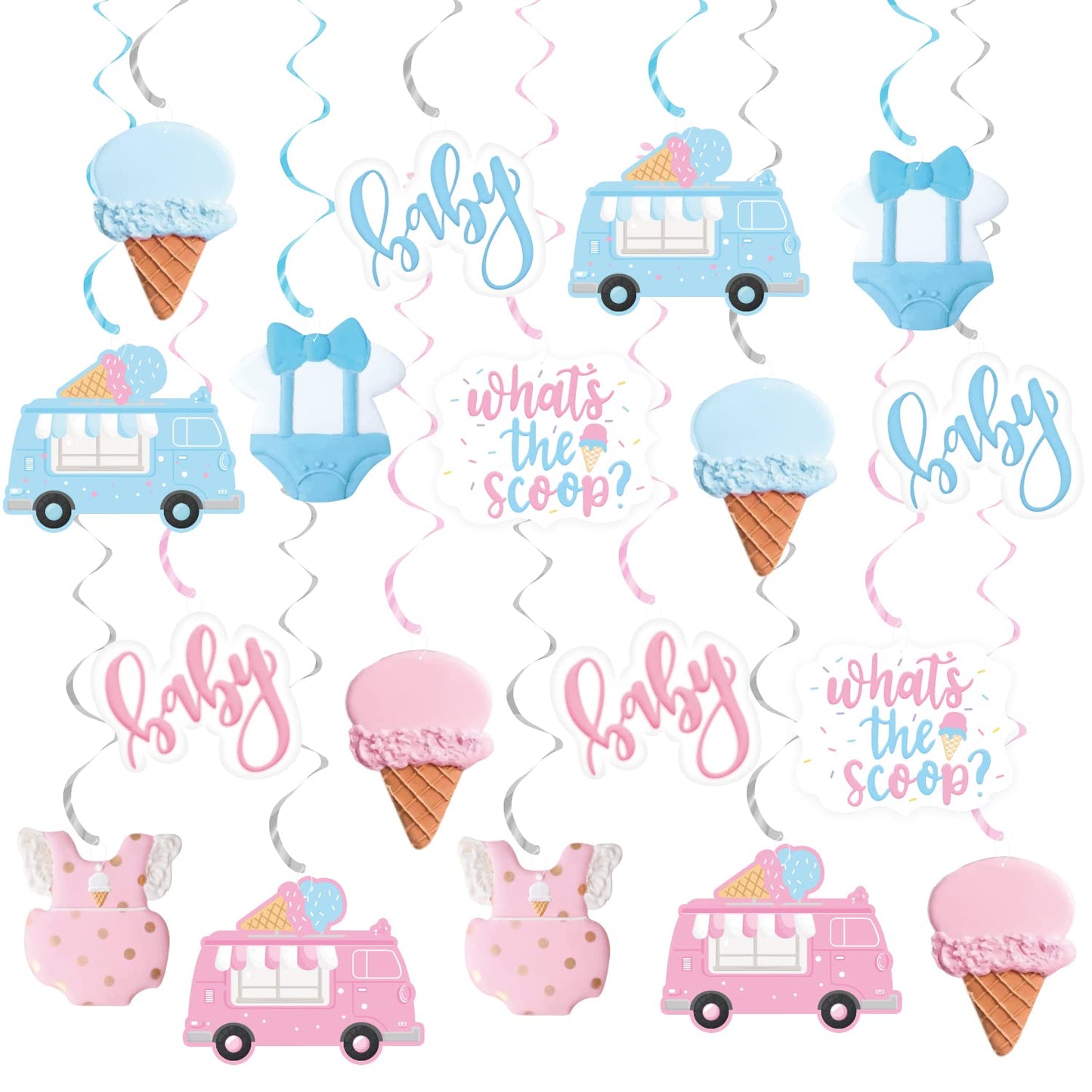 Ice Cream Gender Reveal Party Decor, 20Pcs Ice Cream Whats the Scoop Hanging Swirls, Pink Blue Ceiling Streamers for Summer Ice