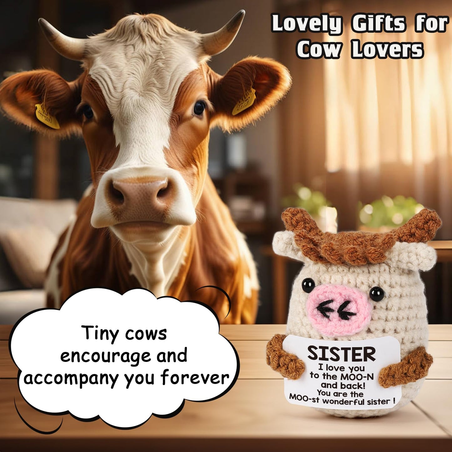 YUEYUQIU Funny Handmade Crochet Cow Gifts for Sister - Sister L Love You to The Moon and Back  Cute Small Cow Gifts for mature-themed Sister Big Little Sister from Sister Birthday Christmas Stocking Stuffers