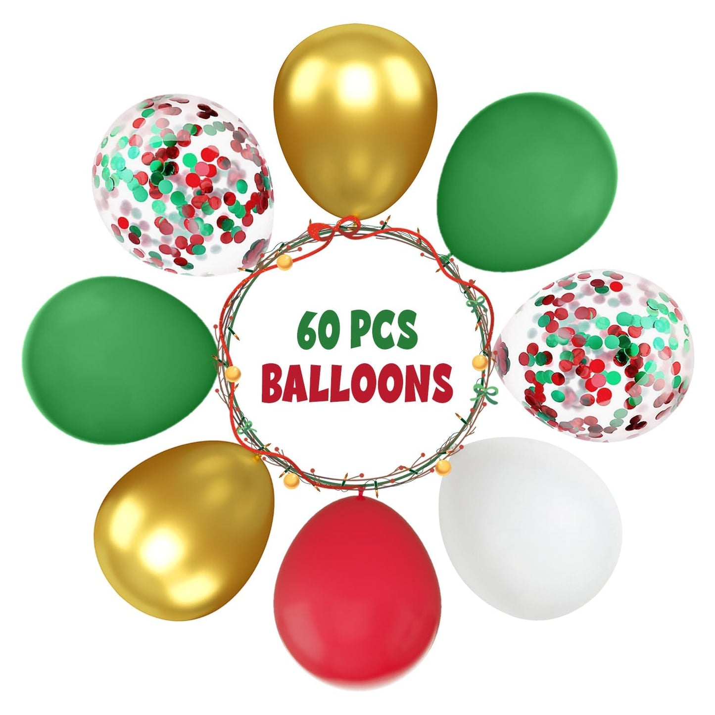 Funhot Christmas Balloons, 60 Pcs Red Green Gold Balloons, 12 Inch Red Green Confetti Balloons Metallic Gold Helium Balloons Whi