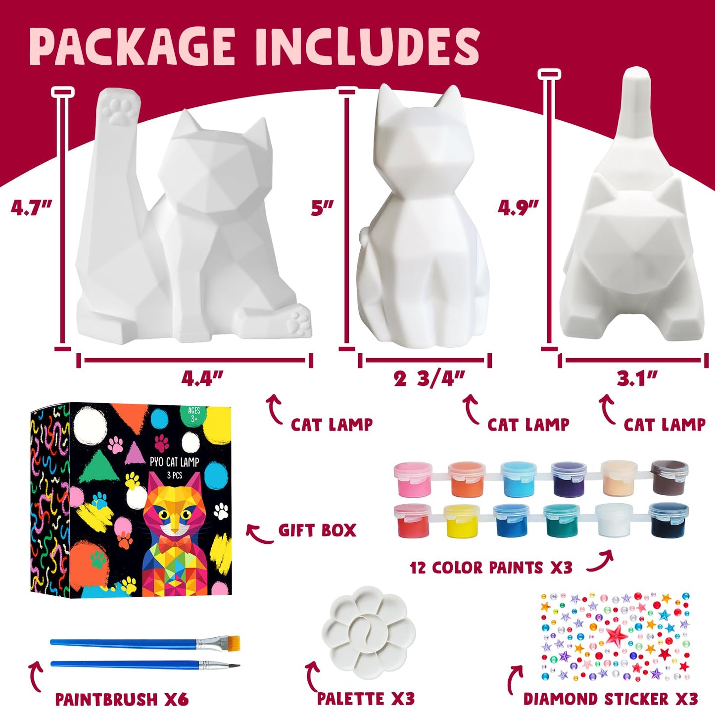 Goody King Paint Your Own Cat Lamp Kit 3pcs,DIY Cat Crafts Night Light, Arts & Crafts for Kids Ages 8-12, Painting Kit for Girls