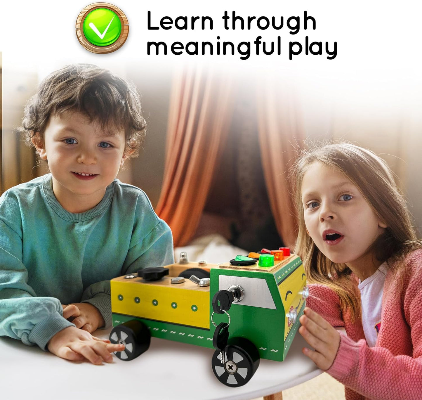 Toddler Montessori Busy Board - Wooden Educational Toy With Lights, Switches, Relay, Key, Bulbs, Sensory Board On Wheels - Presc