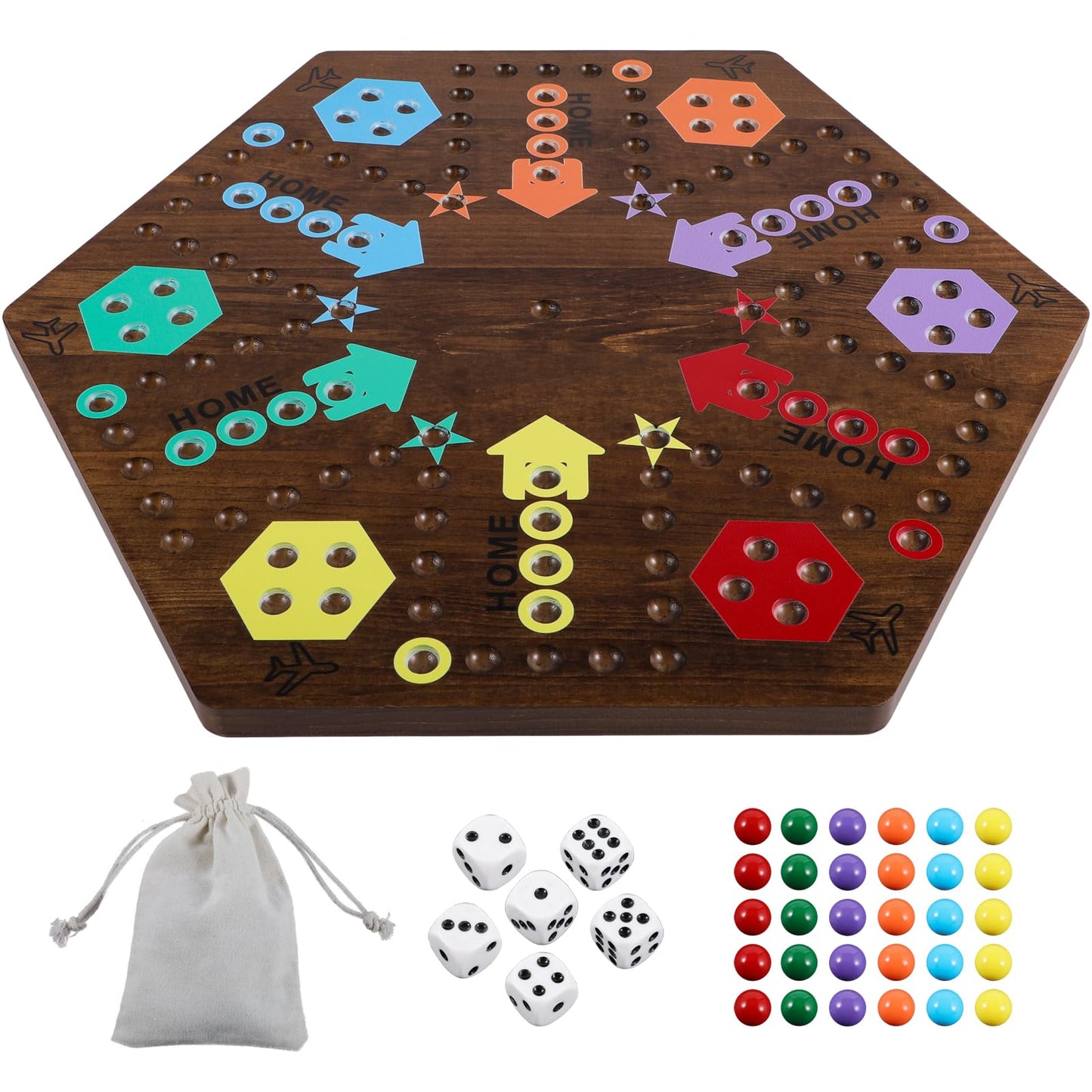 Medikaison Wahoo Marble Board Game - 20" Wooden Aggravation Game for 4-6 Players, Two-Sided, Large Flame Finish, Model HFUEY410