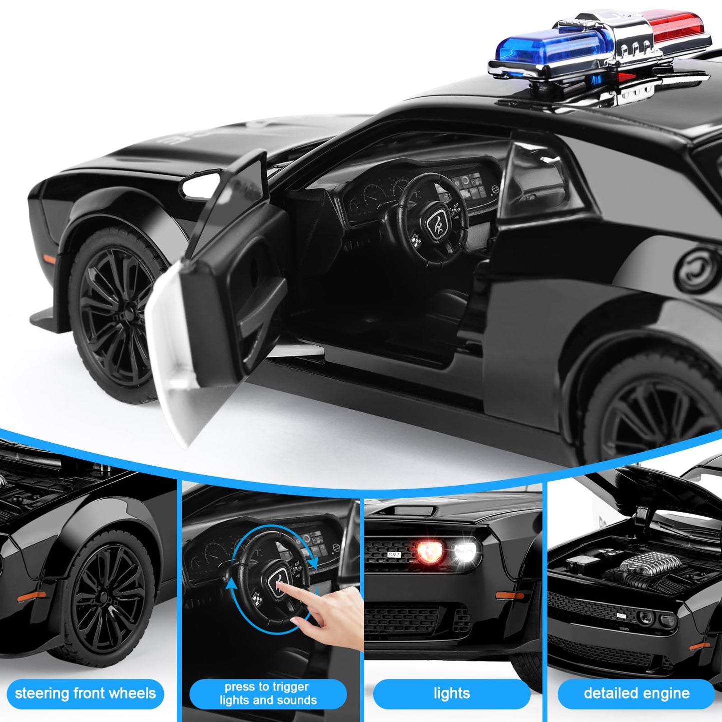 SASBSC Police Car Toys for Boys Age 3-12 1:22 Hellcat Toy Cars Diecast Metal Car Model with Light & Sound Collectable Muscle Car