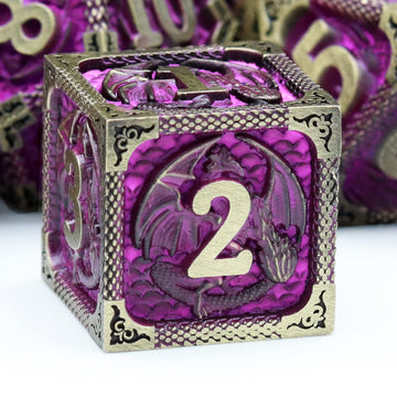 Haxtec Metal Dice Set Purple Black Dragon Pattern Metal DND Dice with Leather Dice Bag Polyhedral D&D Dice for Dungeons and Drag