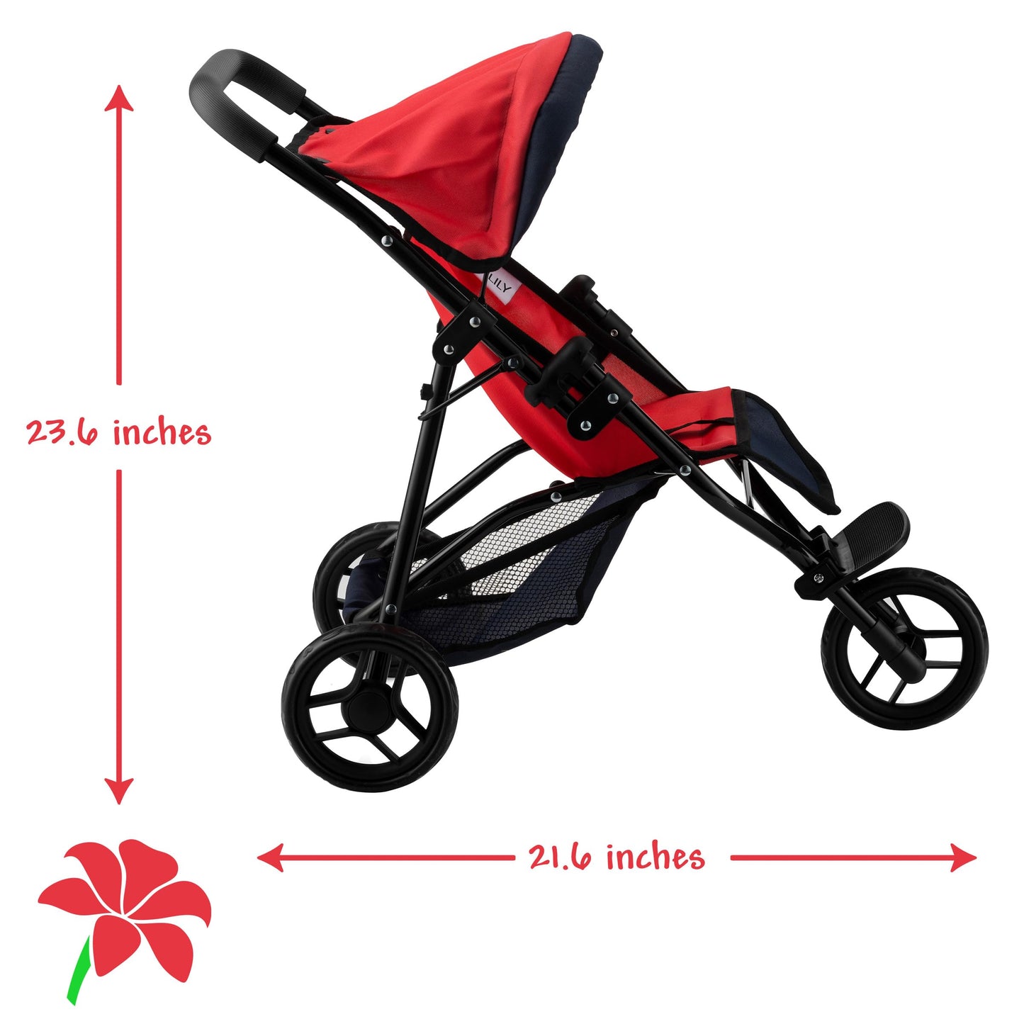 Baby Doll Stroller For Dolls - Jogger Toy Doll Stroller For Toddlers 3 Years And Up, Adjustable Canopy & Storage Basket, Red Design For Kids