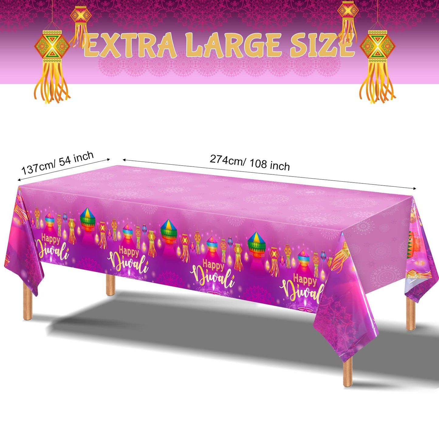 Clabby 3 Pieces Happy Diwali Tablecloths Festival of Lights Party Table Cover Decor Plastic Rectangle Diwali Tablecloth for Happ