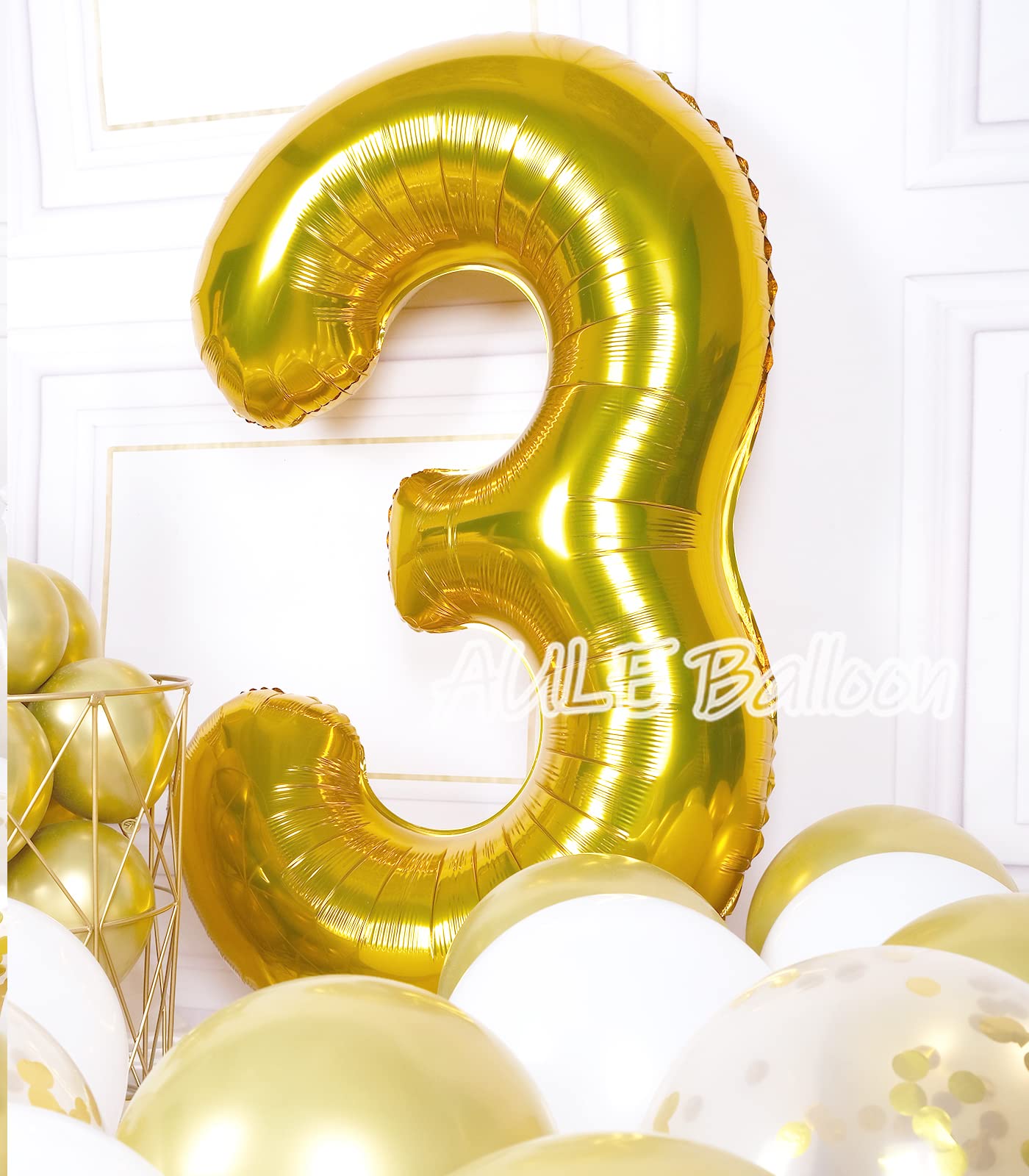 Aule 40 Inch Big Gold 3 Balloon Number Large Foil Helium Number Balloons 0-9 Jumbo Giant Happy 3Rd Birthday Party Decorations Fo