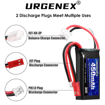 URGENEX 7.4V Lipo Battery 2S 30C 450mAh Rechargeable Lipo Battery with JST & PH2.0 Plug SCX24 Battery with 1to2 USB Charger Fit