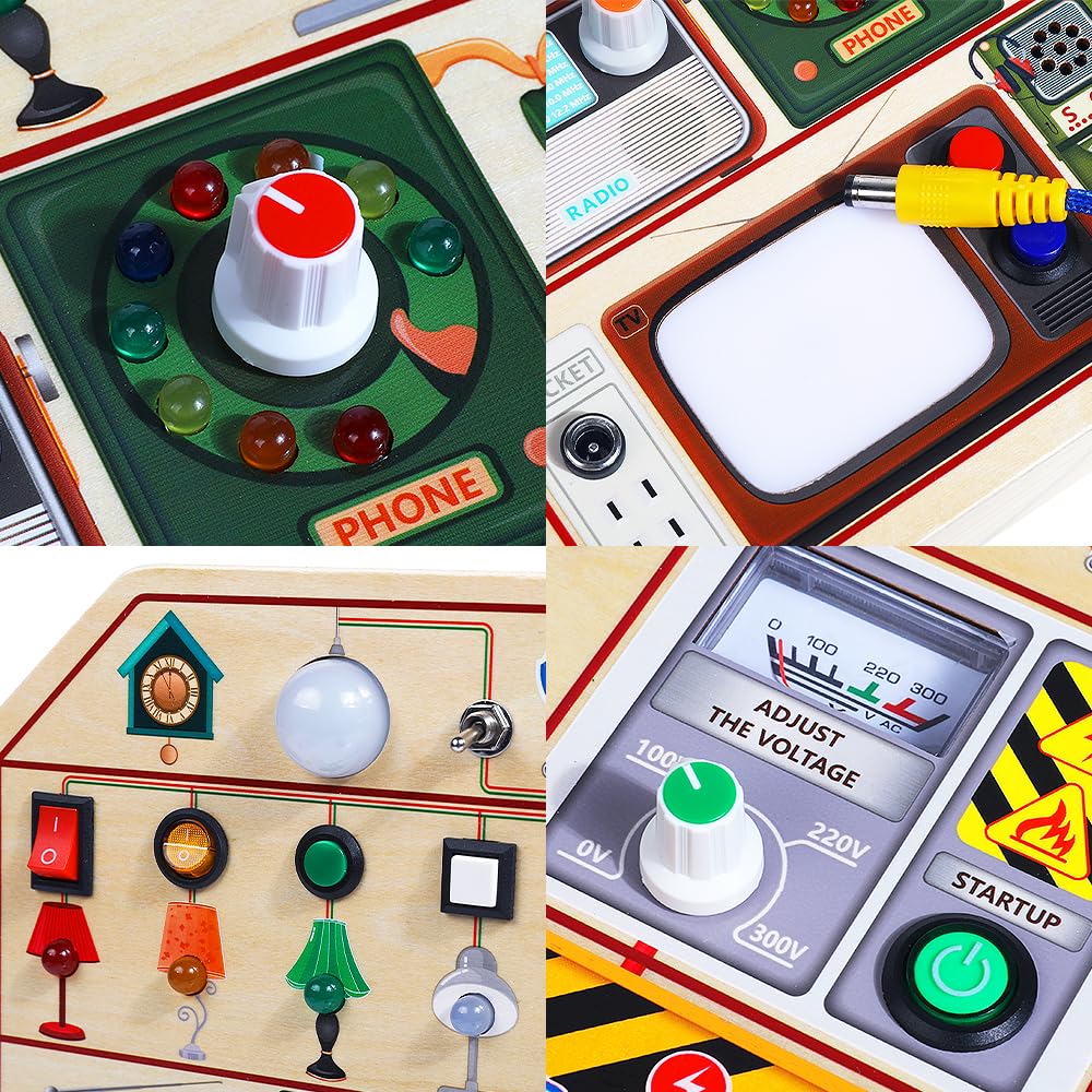 Jaunty Montessori Wooden Busy Board For Toddlers 1 2 3 Years Old, Wooden Sensory Toddler Toys With Led Light Switches, Tv Radio