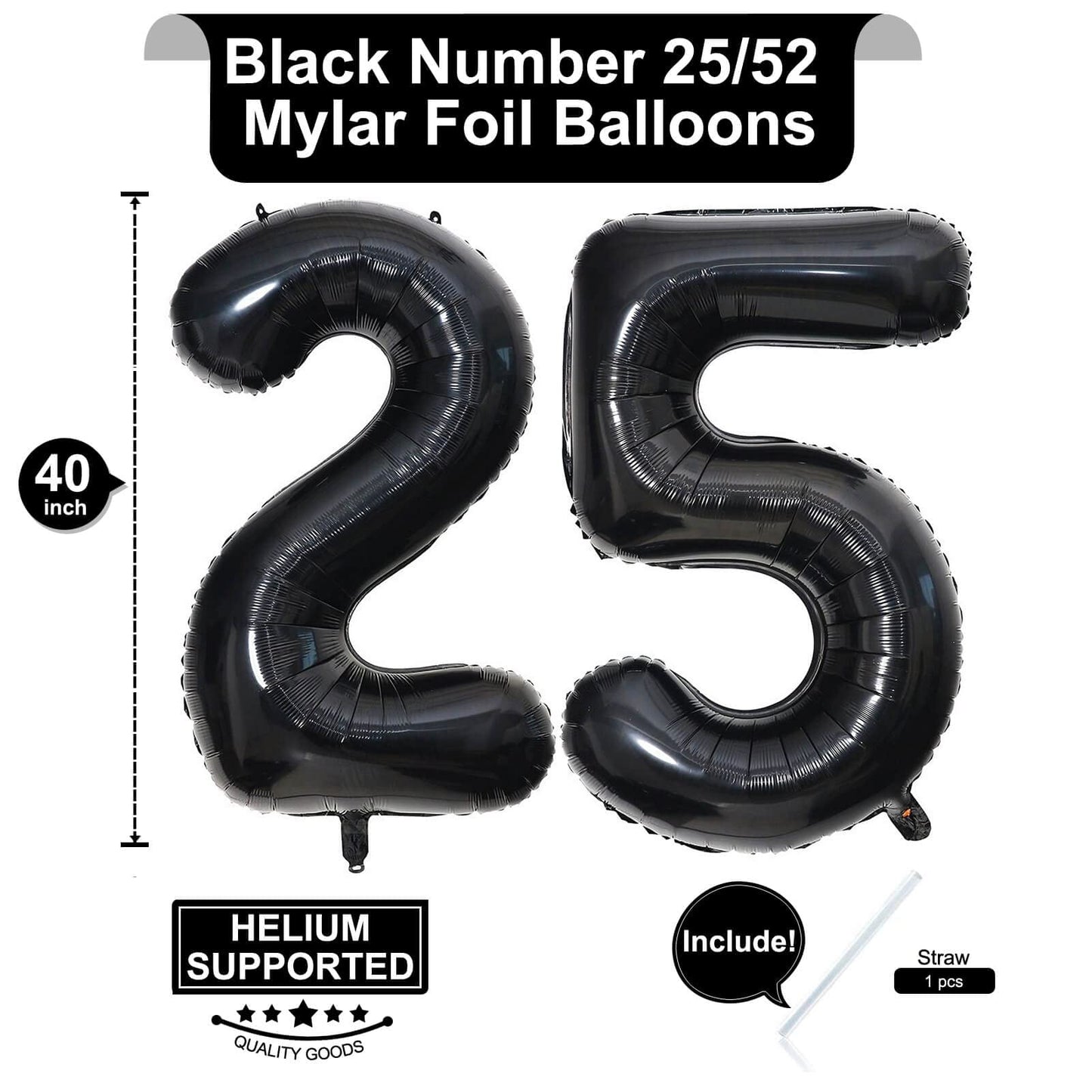 LHOAVWE 40 Inch Black Mylar Number 25 Balloons - Giant Foil Helium Birthday Party Decorations