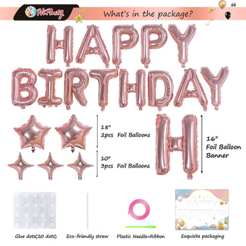 23Pcs Birthday Balloons Banner, 3D Rose Gold Mylar Foil Letter Happy Birthday Banner With 5Pcs Star Balloons Kits For Kids Girls