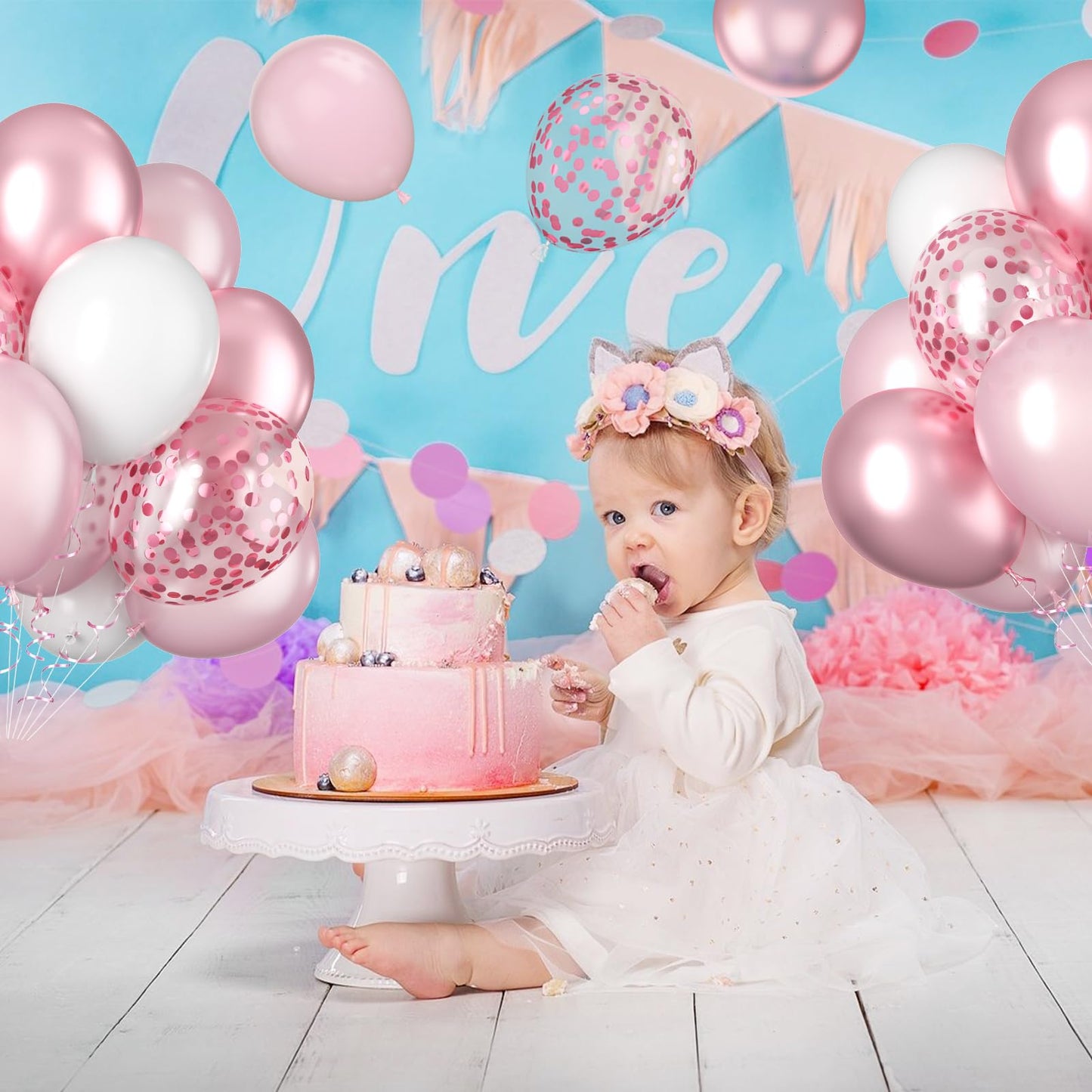 Biapian Pink Balloons, 60 Pcs Pink And White Balloons, 12 Inch Metallic Pink Confetti Balloons Pearl Latex Balloon Helium For Gi