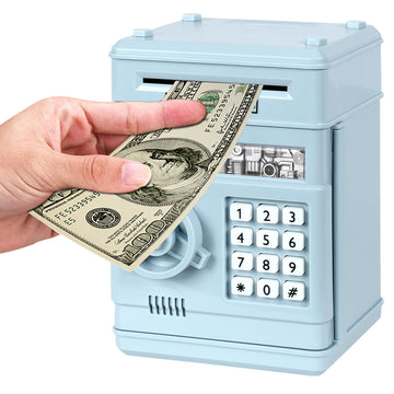Renvdsa Cartoon Electronic Atm Password Piggy Bank Cash Coin Can Auto Scroll Paper Money Saving Box Gift For Kids (Light Blue)