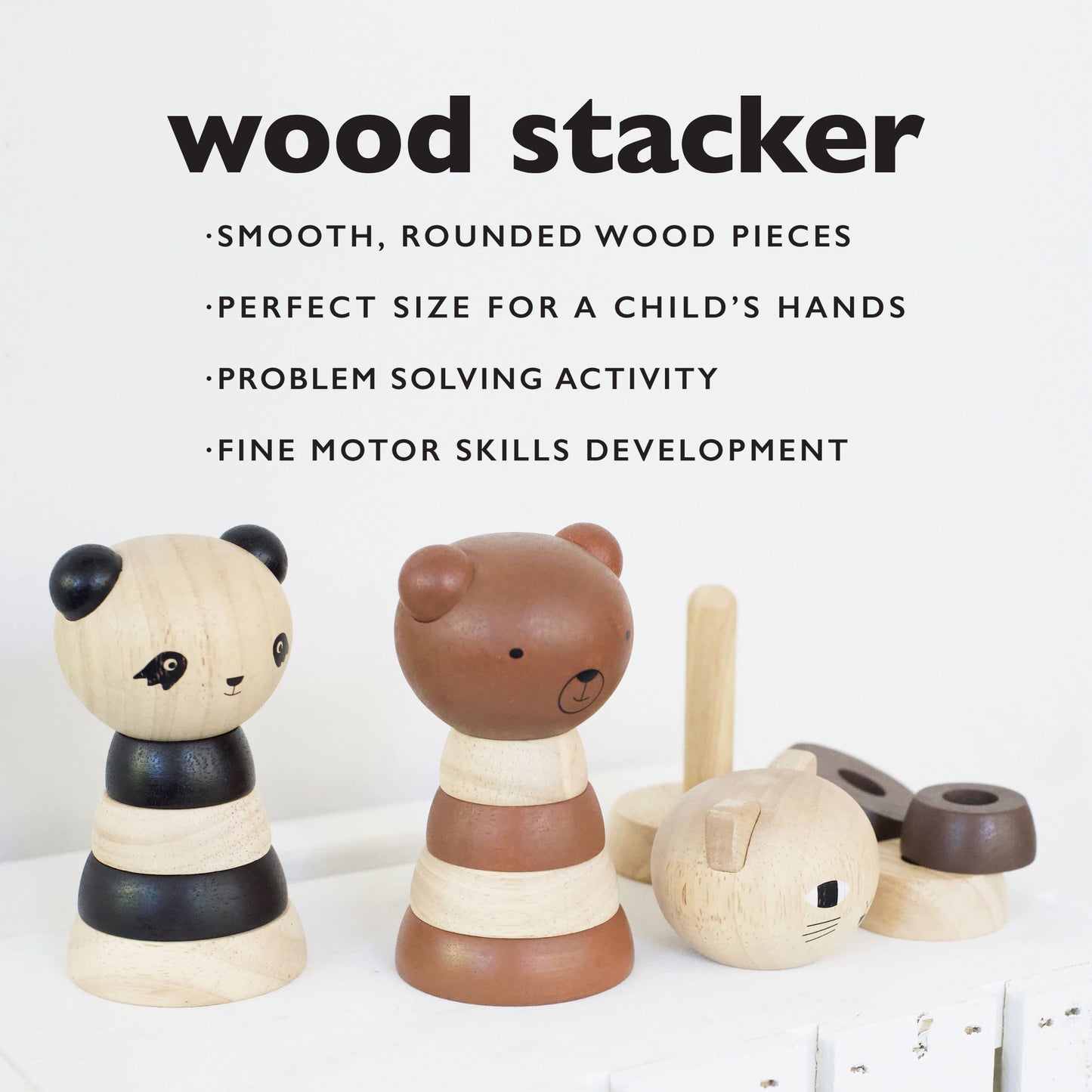 Wee Gallery Wood Stacker (Cat) Classic Learning Toy For Baby Development, Motor Skills, Problem Solving Activity, Child Safe Natural Materials, For Ages 18 Months And Up