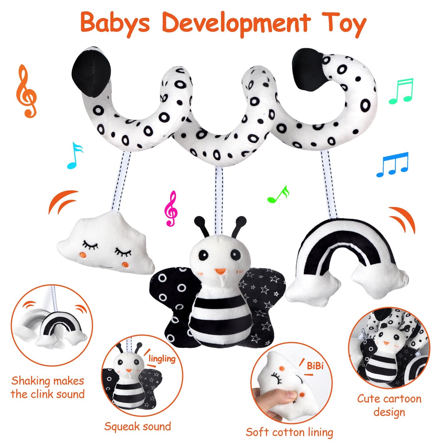 Car Seat Toys, Infant Baby Spiral Activity Hanging Toys Stroller Toys For Car Seat Stroller Bar Crib Bassinet Mobile With Bb Squeaker And Rattles (Bee)