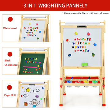 Eaq Easel For Kid,Height Adjustable Wooden Art Easel,Whiteboard Chalkboard With Paper Roll Holder,Letters And Numbers Magnets An