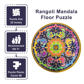 Kulture Khazana Rangoli Mandala Floor Puzzle - 48 Pieces, Cardboard, 32" Colorful Giant Puzzle for Holi & Diwali