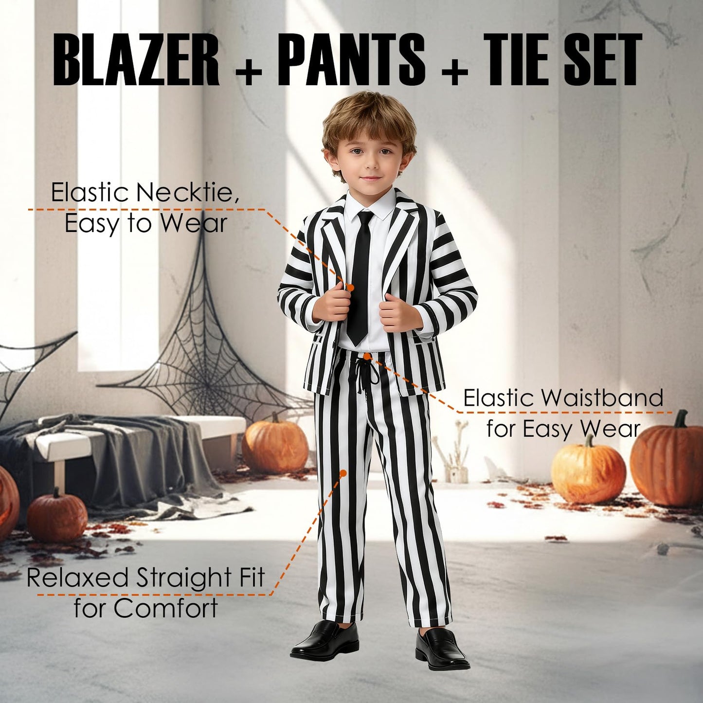 ERCAUX Black and White Striped Suit - Halloween Horror Costume  Scary Cosplay Outfit  Scary Movie Character Dress-Up (140)
