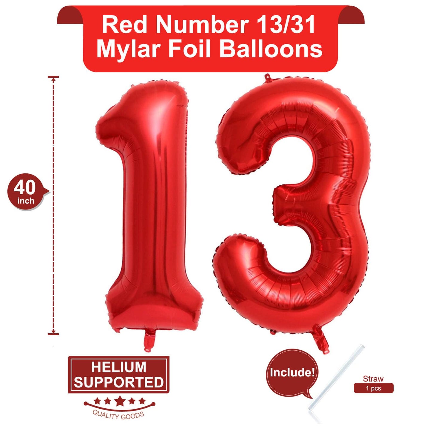 LHOAVWE 40 Inch Red Number 13 Foil Mylar Balloons - Giant Jumbo Helium Birthday Party Decorations