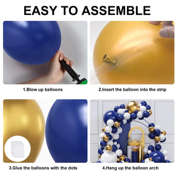 Blue And Gold Balloons Arch Garland Kit, 134Pcs Navy Blue Gold White Balloons With Different Size For Graduation, Birthday, Anni