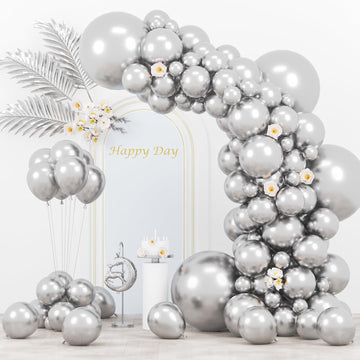 Voircoloria 130Pcs Metallic Silver Balloons Different Sizes 18'' 12'' 10'' 5'' Chrome Silver Balloon Garland Arch Kit For Gradua