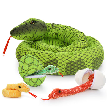 Morismos Giant Snake Stuffed Animal Mommy With Babies, Realistic Stuffed Snakes Plush Toy, 80' Long Green Boa Constrictor For Kids, Girls, Boys, Halloween, 3 Snake Babies, 2 Snake Eggs