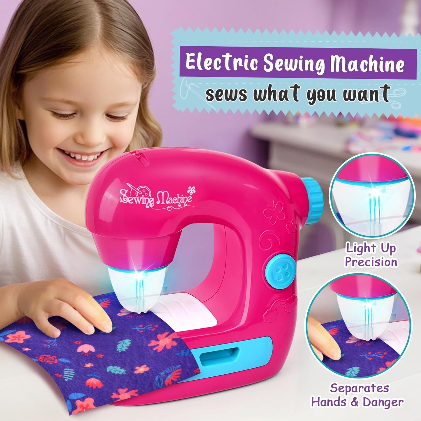 TUZT Mini Sewing Machine Toy Kit for Kids, 22pcs, Portable, Small, Pink, Model TF-FRJ-TY007194H, Gift for Ages 4-12
