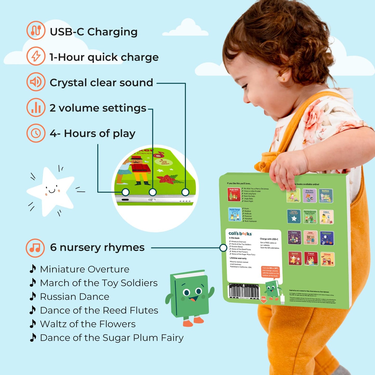 Cali'S Books The Nutcracker Book For Children | Rechargeable Usb Musical Book For Toddlers 1-3 | The 6 Excerpts From Tchaikovsky'S Nutcracker | Ballet Gift For Kids