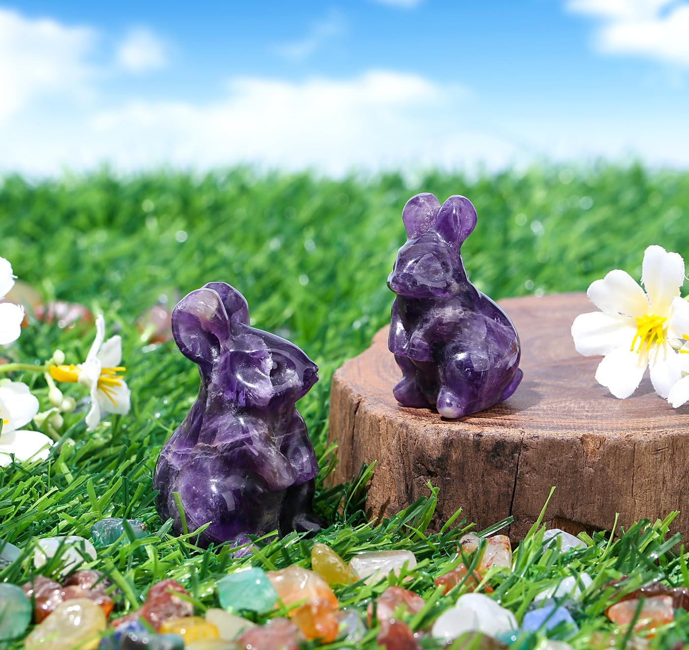 Duqguho Bunny Decor Easter Rabbit Decor Crystals Easter Decoration Bunny Statue Pocket Polished Natural Gemstone Amethyst Crysta
