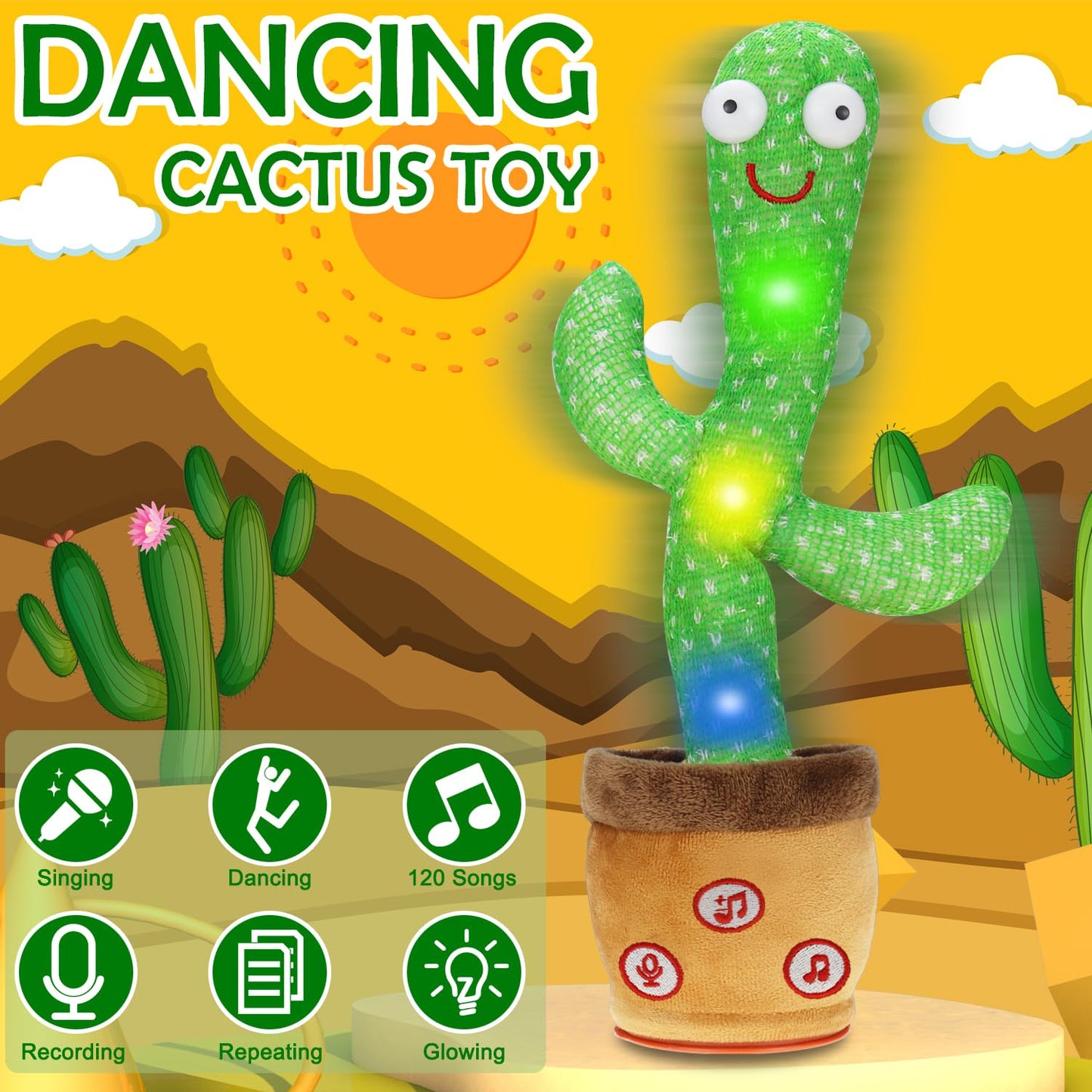 Qwifyu Dancing Cactus Talking Baby Toys, Talking Cactus Mimicking Toys Repeating What You Say Singing Recording With Volume Adjustable & 120 English Songs Plush Toy Birthday Gifts For Kids Boys Girls