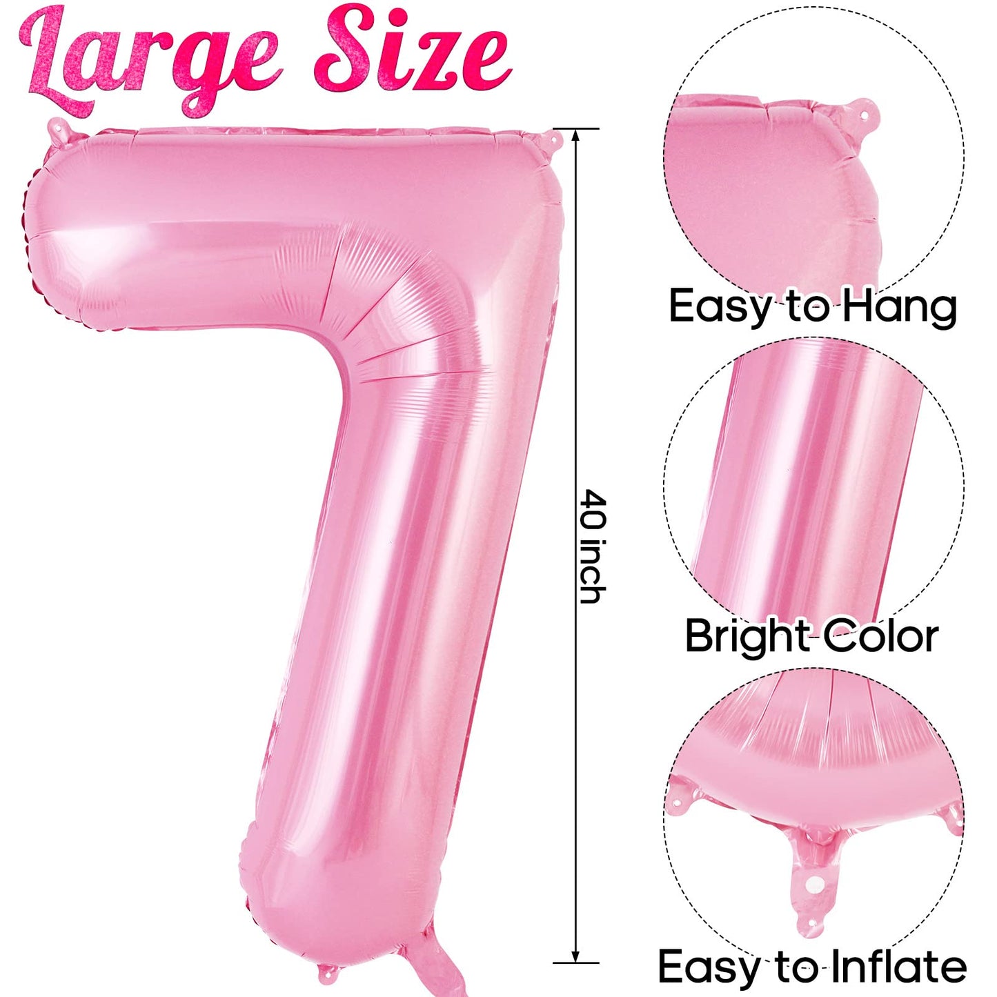 Pink Number 7 Balloon 40 Inch, Big Large Foil Helium Number Balloons, Jumbo Giant Mylar Number 7 Balloons For 7 Year Old Birthda