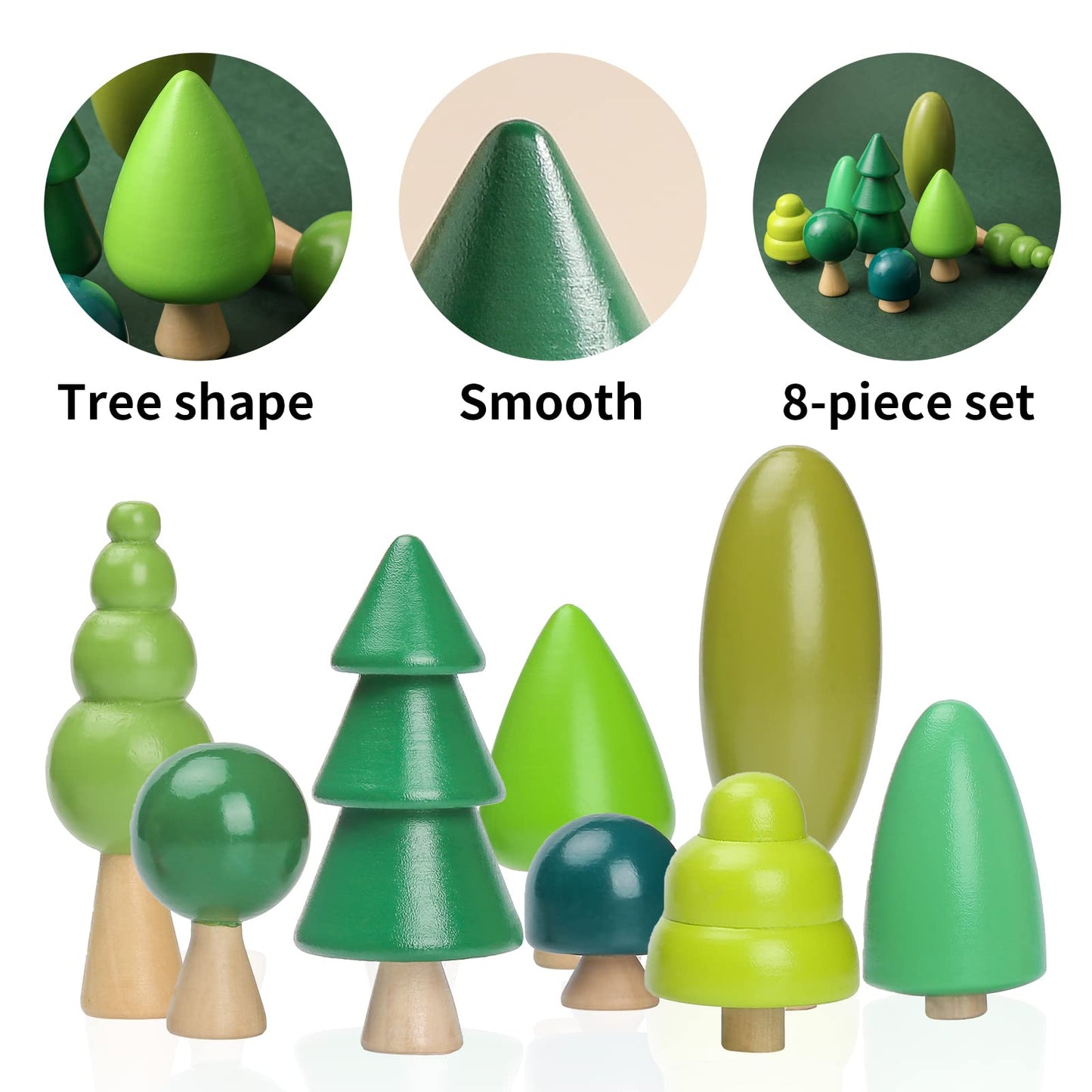 Oessuf 8Pcs Wooden Tree Toy Set Wooden Forest Various Sizes Natural Woodland Trees Creative Toddler Arts Toy