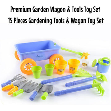 Dimple Garden Wagon & Tools Toy Set enhanced 15 Pcs Kids Gardening Tools & Wagon Toy Set - Sturdy & Durable - Top Yd  Beach  Sand  Garden Play Set - Great for Kids & Toddlers