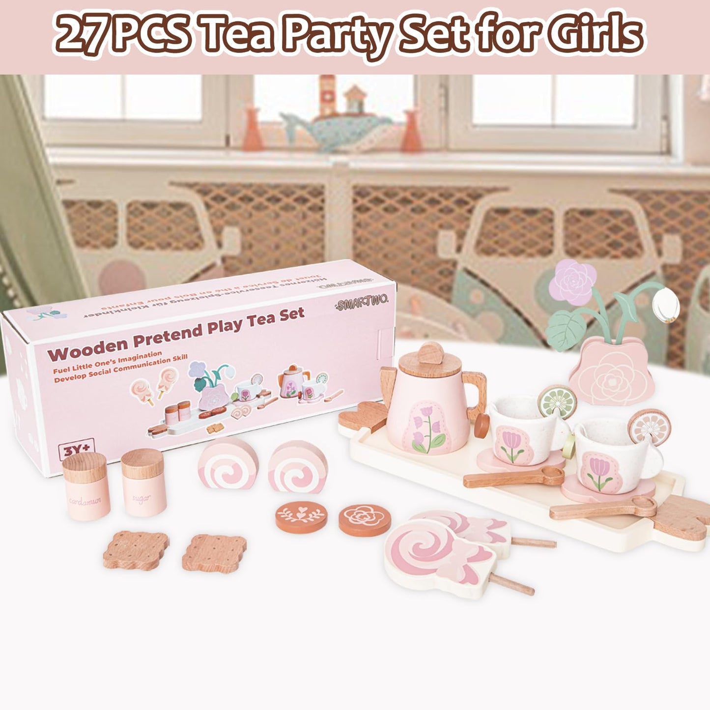 Smartwo Wooden Tea Set for Little Girls, Pretend Play Tea Party Set Toy with 27 PCS Play Kitchen Accessories, Princess Tea Set T