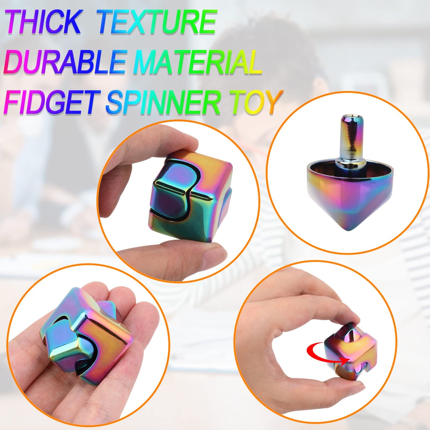 Qlkunla Fidget Cube Spinner Anti-Anxiety Focusing Fidget Toys Edc Fidgets Spinner 4-In-1 Toy Metallic Focus Toy Cube Finger Top Desktop Adhd Stress Relieve Toys For Kids And Adults (Rainblow)