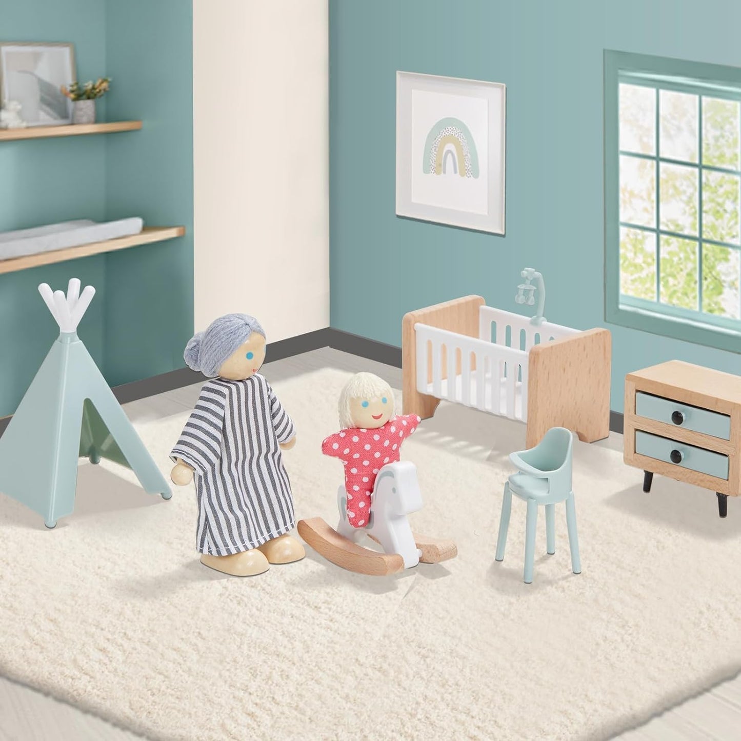 Giant Bean Wooden Dollhouse Furniture Set, 36pcs with 4 Family Dolls, Small Pretend Play Toys for Boys & Girls 3Y+