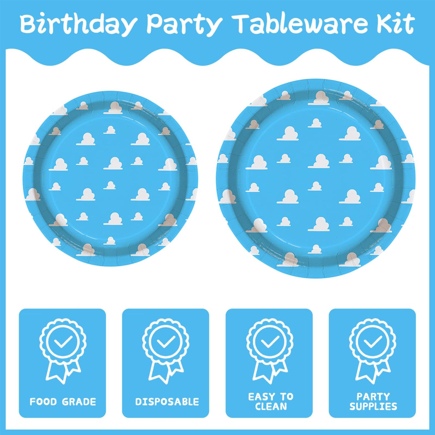 AURORAPARTY 120 Pcs Blue Sky Paper Plates Birthday Party Tableware Set White Cloud Napkins Forks Cartoon Story Party Decorations