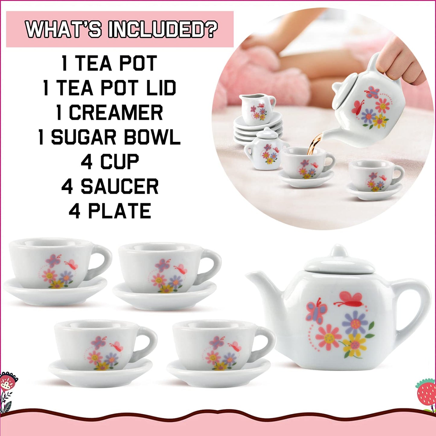 Liberty Imports 16 Piece Rose Flower Miniature Porcelain Ceramic Tea Set | Kids Toy Mini Pretend Play Kitchen Decorated Playset