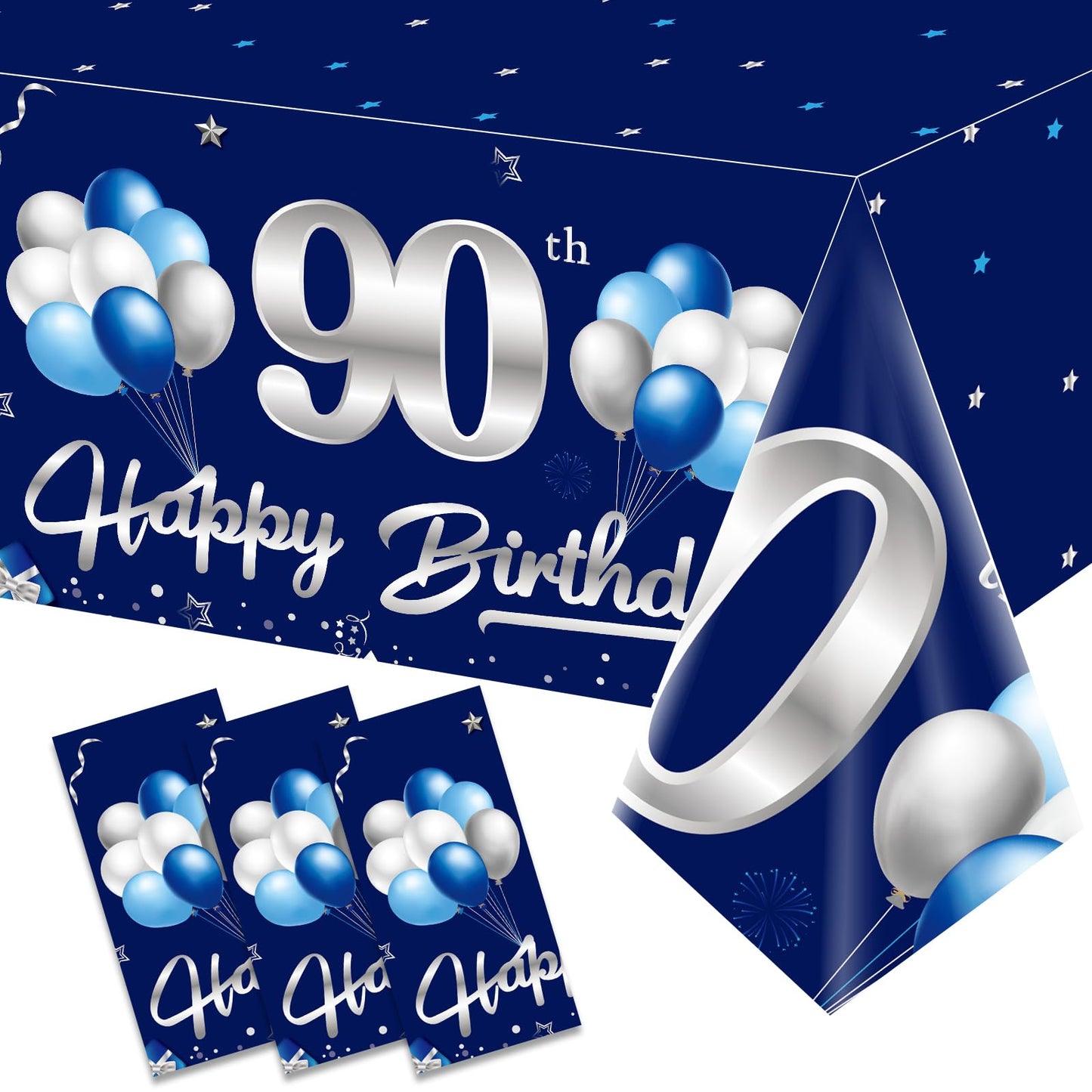 Turypaty 3 Packs 90Th Birthday Tablecloth Decoration For Men, Blue Silver Happy 90Th Birthday Table Cover Party Supplies, Ninety