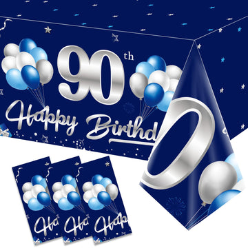 Turypaty 3 Packs 90Th Birthday Tablecloth Decoration For Men, Blue Silver Happy 90Th Birthday Table Cover Party Supplies, Ninety