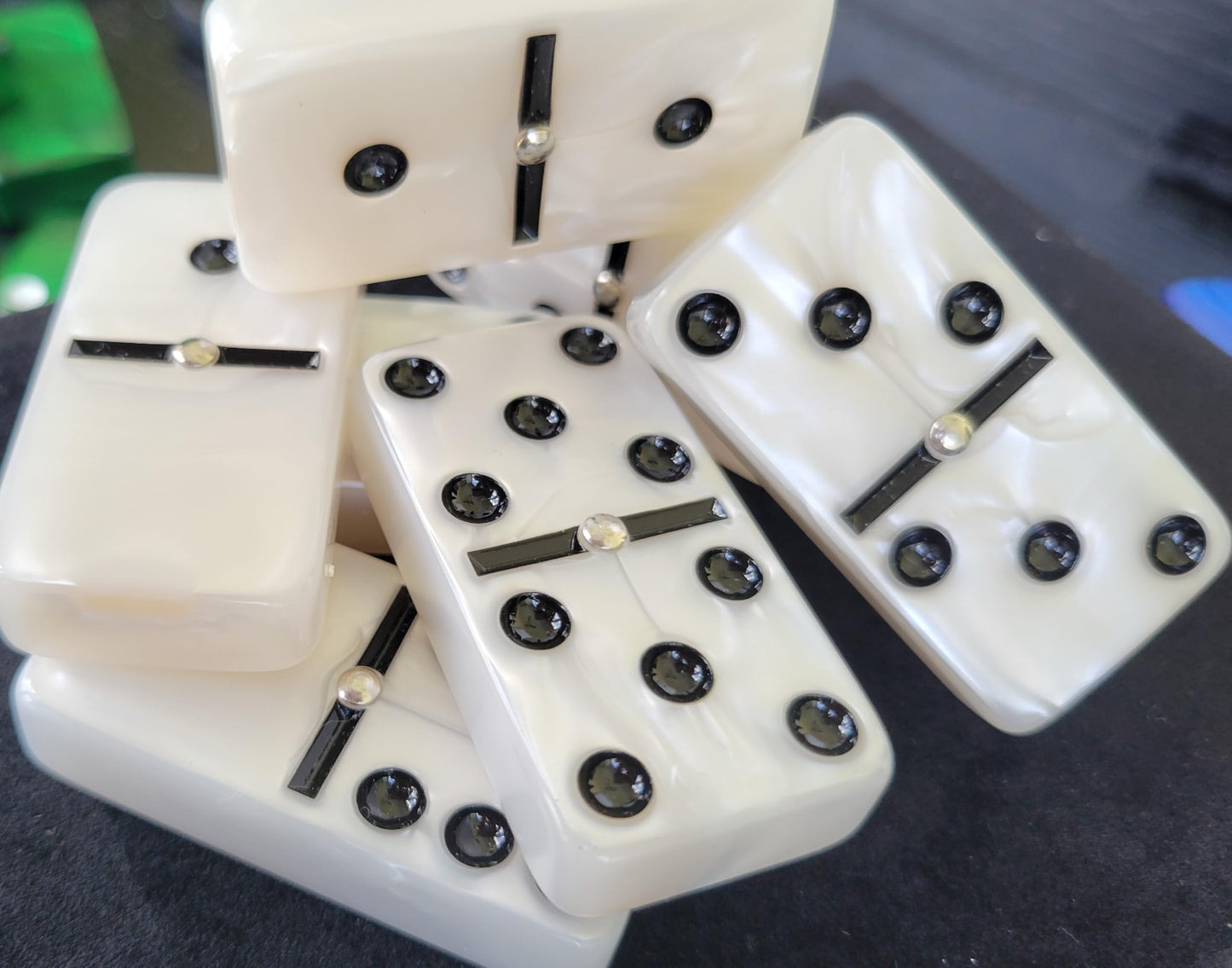 Domino Double 6 White Marbleized Tiles With Spinners, Jumbo Tournament Size In Black Elegant Velvet Bag