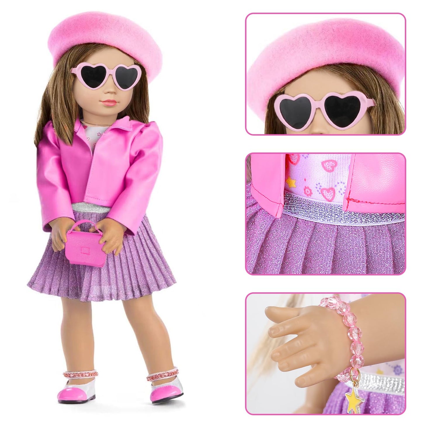 American 18 Inch Doll Makeup Accessories And Clothes,Tote Bag Set For 18'' Dolls Include Berets Outfits Sunglasses Phone Eye Sha