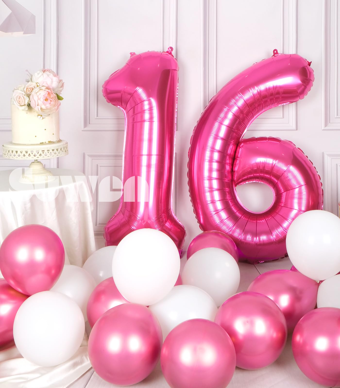 Suwen 40 Inch Hot Pink Large 16 Number Balloons Big Foil Helium Number Balloons 0-9 Jumbo Happy 16Th Mylar Birthday Party Decora