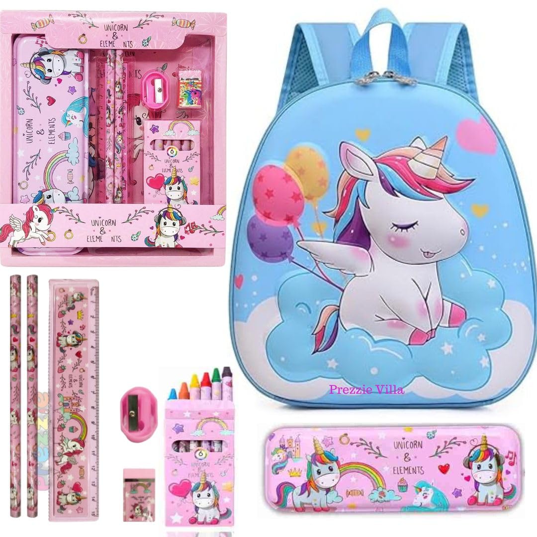Prezzie Villa 8 Pieces Unicorn Theme School Supply Kit For Kids, Magic Unicorn Backpack, Pencil Case, Pencils, Crayons, Ruler An