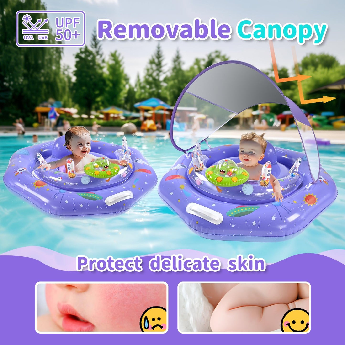 Baby Pool Float With Canopy,Interactive Toy Play Console & Adjustable Safety Seat | Infant Pool Float With Handle | Baby Float W
