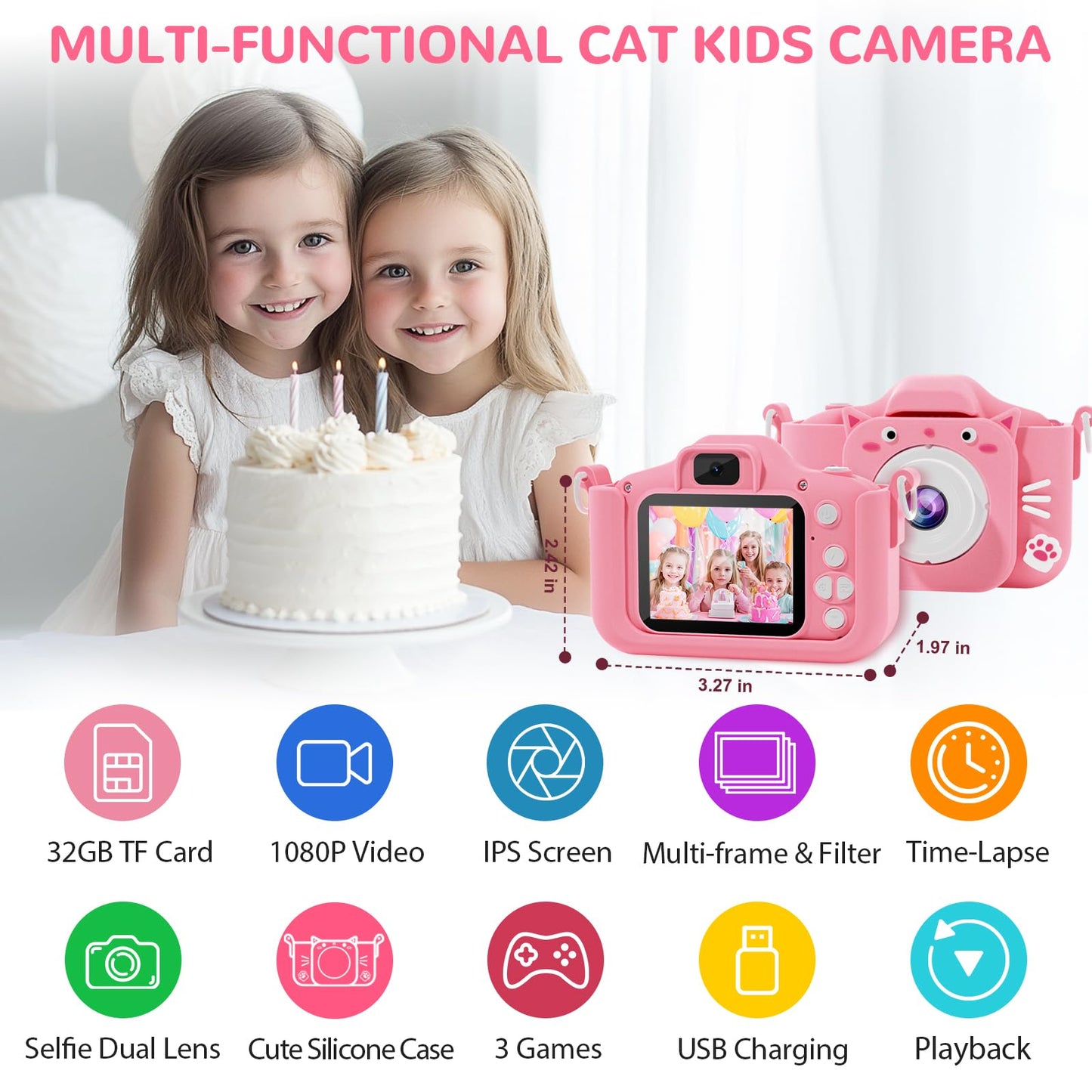 Splashnspray Kids Camera, Toys For Ages 3-7, Camera For Kids, Present For 3 Years+ Old Girls, Kids Camera With Cute Silicone Sle