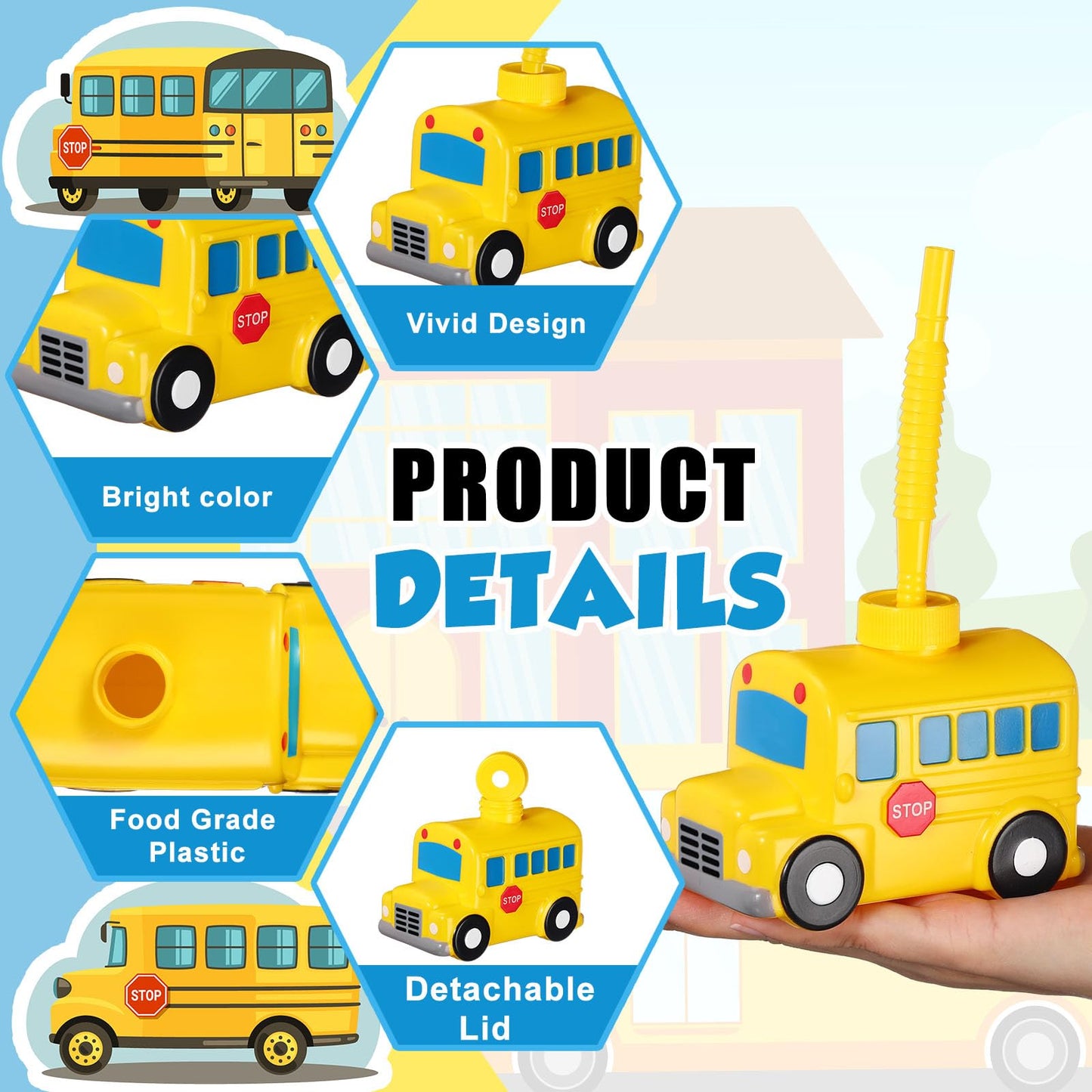 Tanlade 12 Set School Bus Cups with Straws, Plastic Vehicle Bus Shape Cup Bulk First Day of School Birthday Party Favor for Car