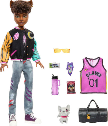 Monster High Clawd Wolf Doll with Gargoyle Pet, Casketball Jersey, Black, Model HNF65